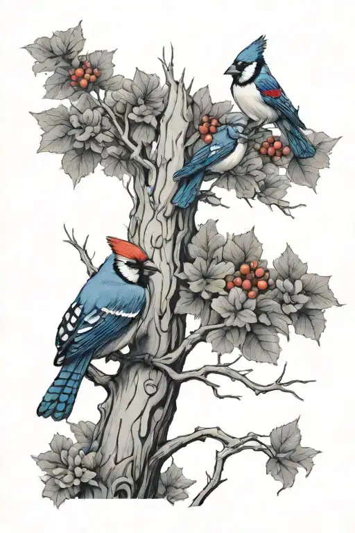  tree with cardinal and blue jay perched  tattoo design idea