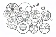 5 equal spheres with symbols representing : family, love, myself, friends, work tattoo design idea