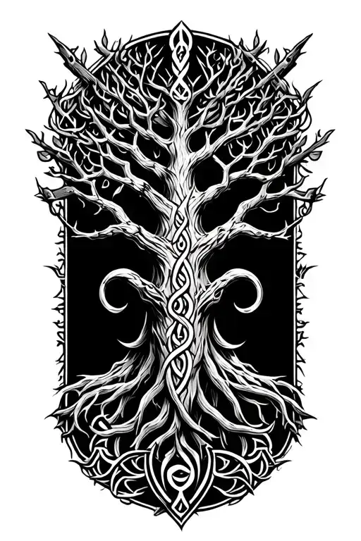 viking, tree of life, ygg drasil tree surrounded by celtic tattoo design idea