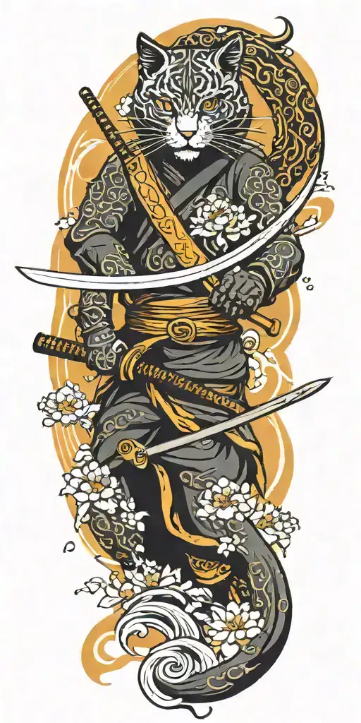 ninja cat holding katana, tail, water, waves, lotus, sakura, clouds, whirlpool, leaves, peony, sunset tattoo design idea