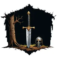 Bastard sword stuck in the ground with a damaged Crusaders helmet next to it torn Crusaders tunic on a tree blowing  tattoo design idea