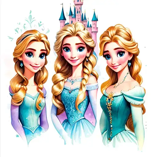  watercolour forearm tattoo  lilo and stitch, Elsa and Anna, belle, Rapunzel and her hair, Disney castle tattoo design idea