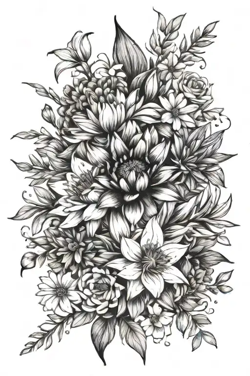 bouquet water lily gladiolus aster and cosmos flowers tattoo design idea