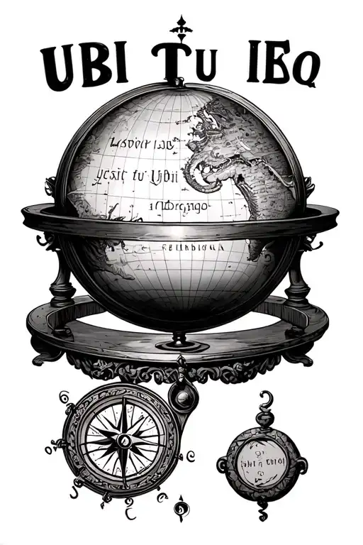 "UBI TU IBI EGO" antique globe with Latin inscriptions and subtle sea monsters. Below and to the side, an ornate old compass with a detai tattoo design idea