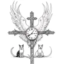phoenix, cross of Jesus, clock, freedom, 3 cats and 1 dog tattoo design idea