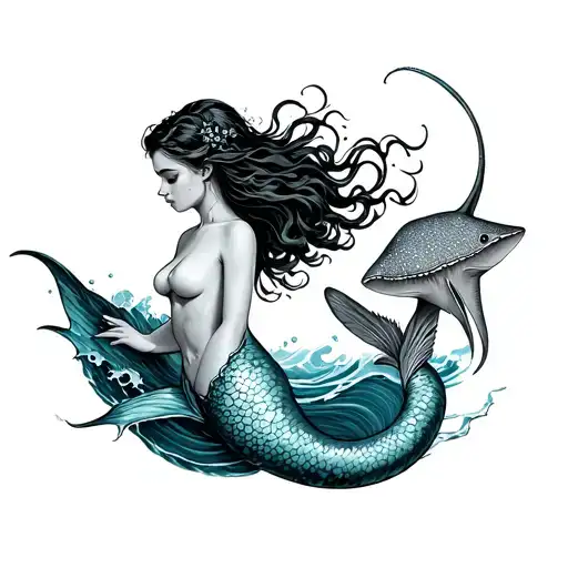 bare backed mermaid, ocean waves and a pet stingray  tattoo design idea