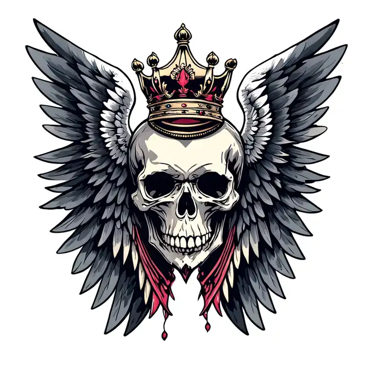 Wings with skull and crown tattoo design idea
