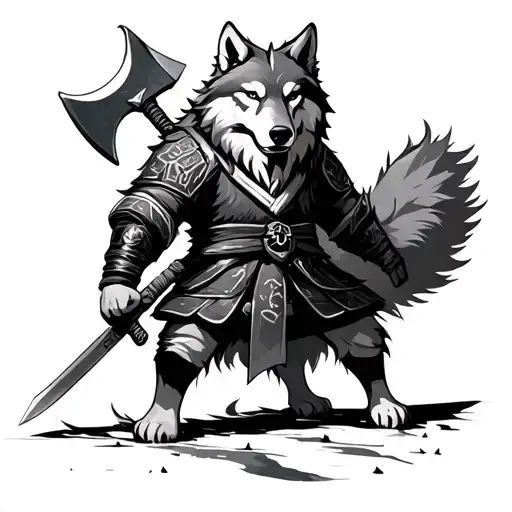 Wolf standing in Ronin's outfit with a long ax with a double -edged sword tattoo design idea