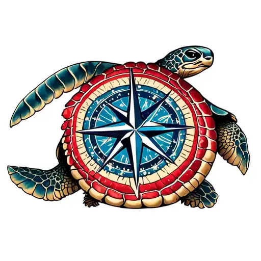 sea turtle; neptune's trident; compass rose; 4th of july themed tattoo design idea