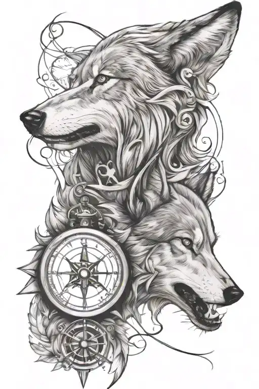 wolf and compass tattoo design idea