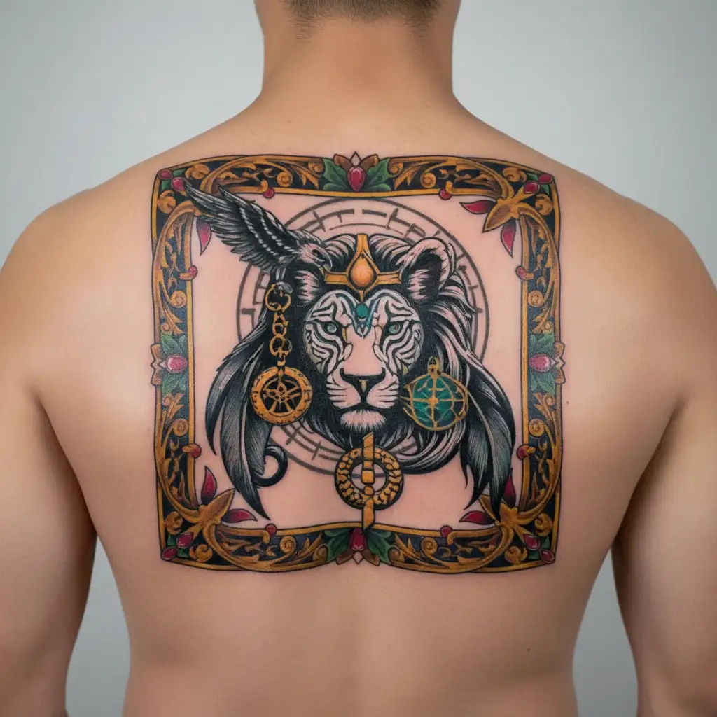 an ankh, a lion and the eye of horus  tattoo design idea