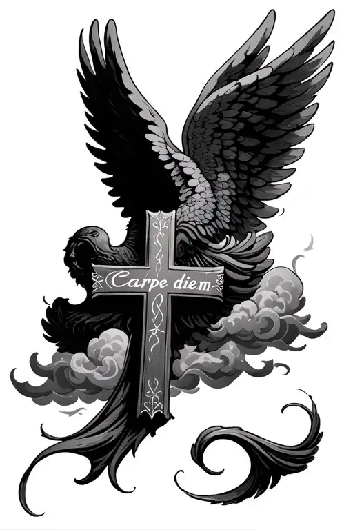 gothic cross with spread angel wings, under that, "carpe diem" with cloud shading tattoo design idea