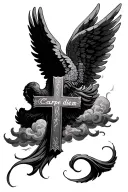 gothic cross with spread angel wings, under that, "carpe diem" with cloud shading tattoo design idea