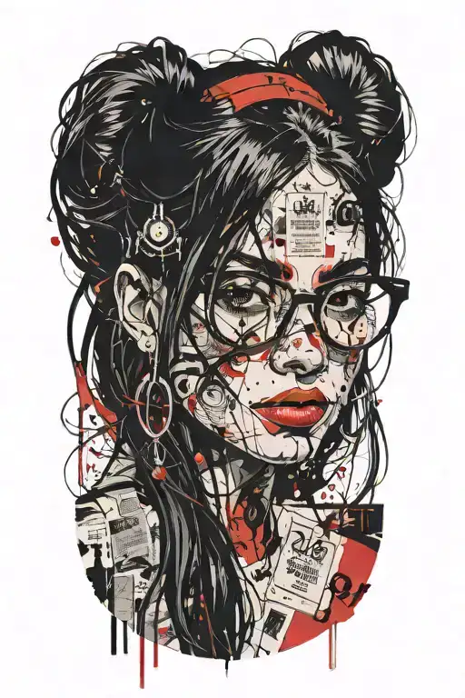 girl with long black hair and 00 gaged earrings and glasses reading book that covers face tattoo design idea