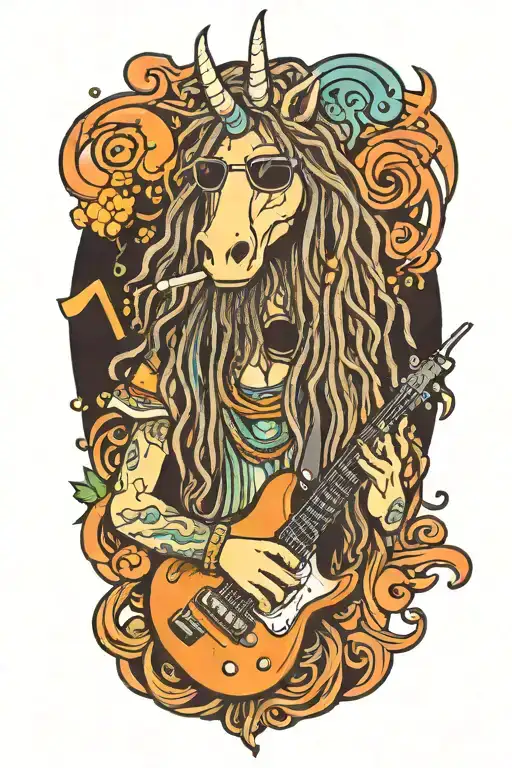 A hippy character unicorn with long dreads smoking a big joint  and holding a guitar with sunglasses on,  tattoo design idea