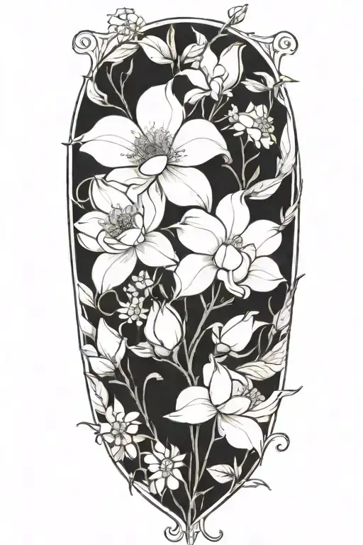 one continours string vine with small roses, small peonies, small daisies, small lotuses that are spaced out tattoo design idea