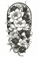 one continours string vine with small roses, small peonies, small daisies, small lotuses that are spaced out tattoo design idea