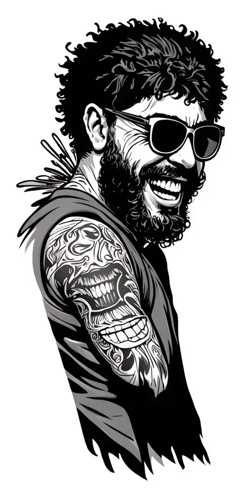 Chicano Style Tattoo Guy Wearing Sunglasses Crying, Text smiles now, cry after and my crazy life Bkack and Gray tattoo design idea