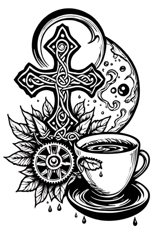 a Celtic cross surrounded by the aroma borealis and a moon with drops into a coffee cup. cats eyes with gears  tattoo design idea