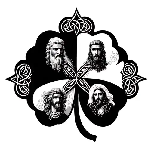 four leaf clover with a different Celtic god in each quadrant tattoo design idea