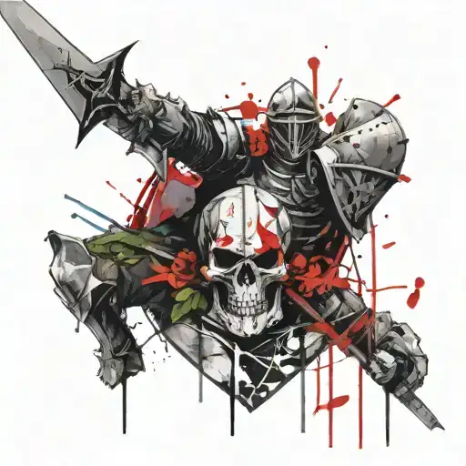 Knight with sword shield and skull tattoo design idea
