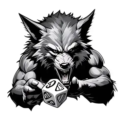 Werewolf holding D20 dice tattoo design idea