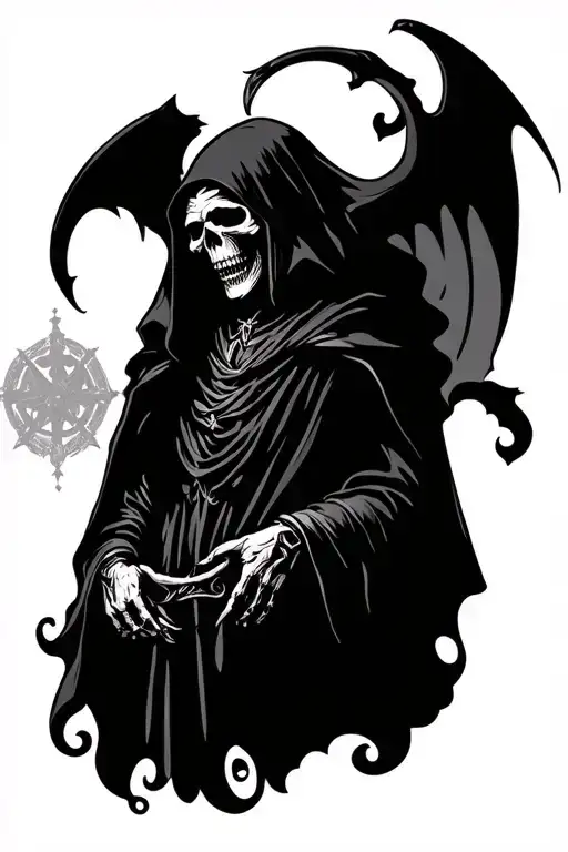 I’m looking for a leg tattoo that represents the battle between good and evil. At the bottom, I’d like a Grim Reaper alo tattoo design idea
