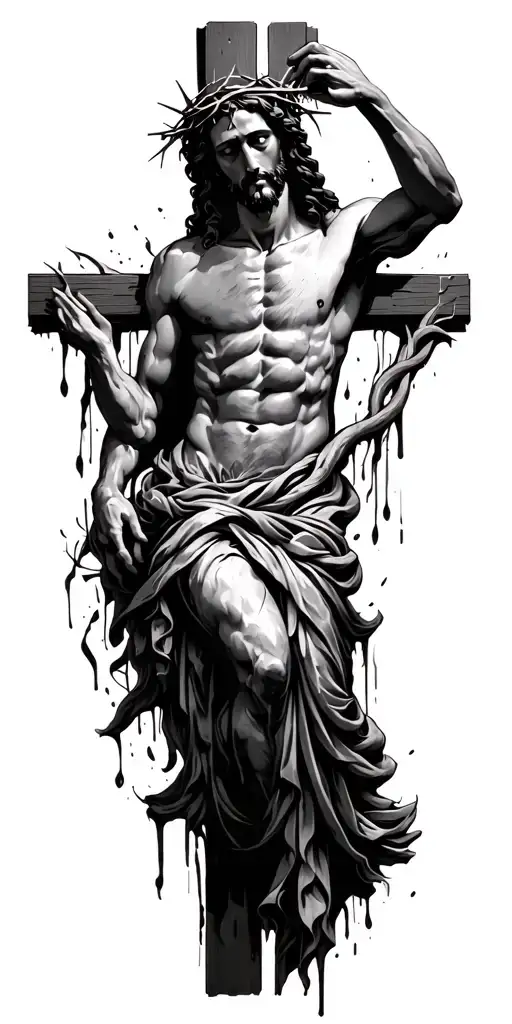 Jesus with bleeding crown of thorns on the cross intertwined tattoo design idea