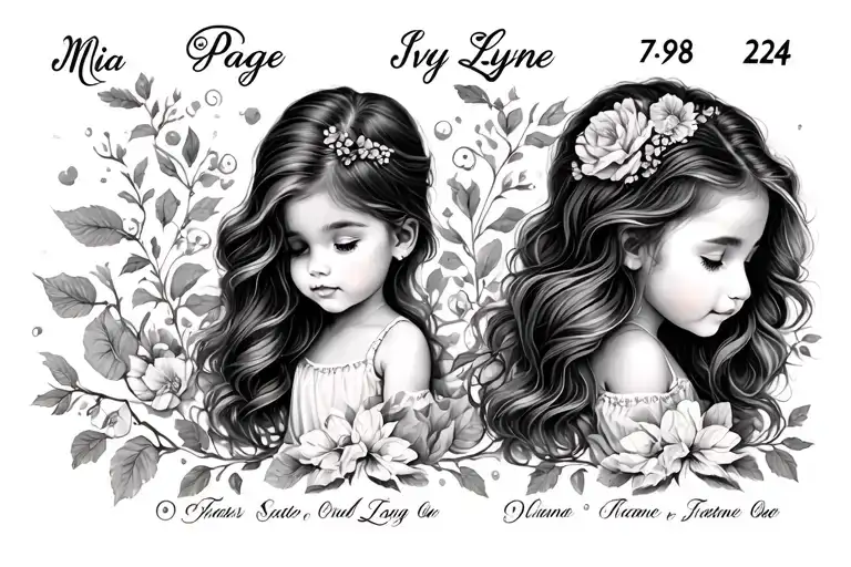names and dates of kids. Mia Paige 9/8/20 on top of Ivy Lynne 7/9/24. horizontal orientation  tattoo design idea
