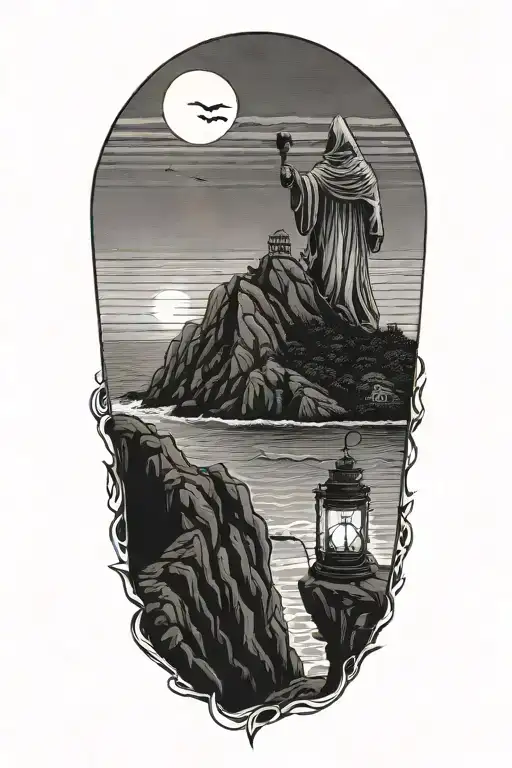 A hooded cultist walking along a cliff holding a lantern, with ocean in background, isolated island with a monastery tattoo design idea