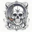 Container ship with a crane behind and a skull and anchor with the text Mutiny tattoo design idea