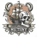 Container ship with a crane behind and a skull and anchor with the text Mutiny tattoo design idea