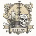 Container ship with a crane behind and a skull and anchor with the text Mutiny tattoo design idea