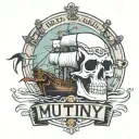 Container ship with a crane behind and a skull and anchor with the text Mutiny tattoo design idea