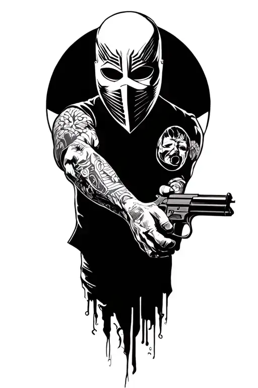 mask man with gun surrounded tattoo design idea