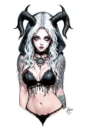 Sexy Pale Girl, Petite, Big Boobs, Wide Hips, G-string. Messy Hair, Horns, Sexual.... on hood, white eyes, druid tattoo design idea