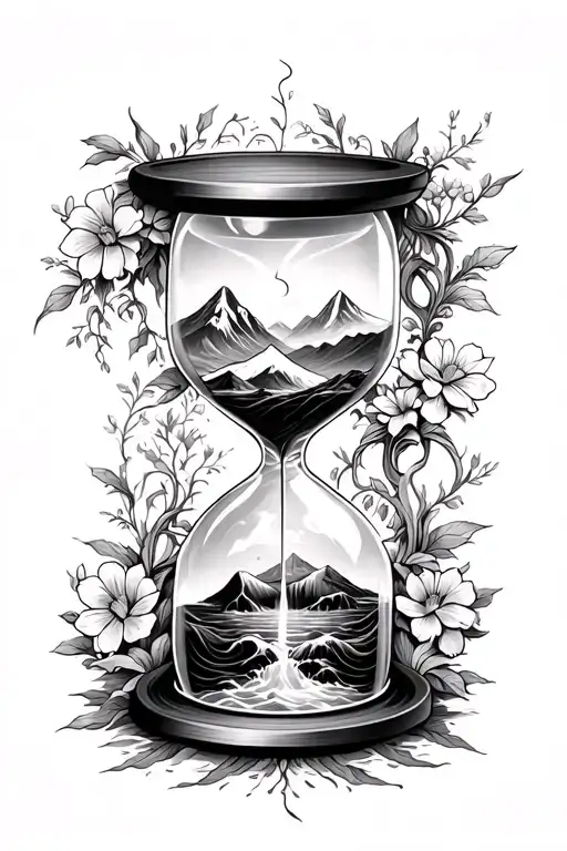 hourglass with mountains, a waterfall flowing into the bottom into ocean waves with flowers and vines around the outside tattoo design idea