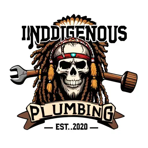"INDIGENOUS PLUMBING EST.2020" skull dreadlock Native American warrior holding plunger and wrench tattoo design idea