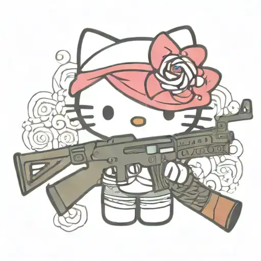 hello kitty wearing ski mask holding AR 15 simple tattoo design idea