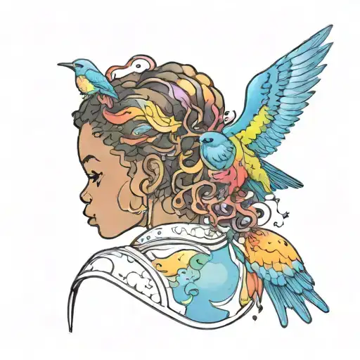 little black girl back profile turning into birds looking at watercolor rainbow and bluebird tattoo design idea