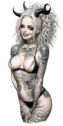 Sexy Pale Girl, petite, big boobs, wide hips, G-String. Messy hair, demonic horns, sexual. Seductive smile. Full Body tattoo design idea