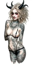 Sexy Pale Girl, petite, big boobs, wide hips, G-String. Messy hair, demonic horns, sexual. Seductive smile. Full Body tattoo design idea