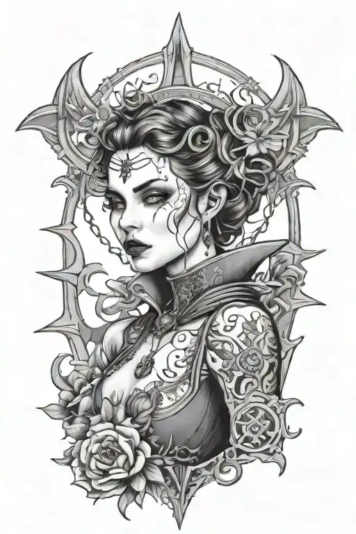 An elegant female vampire with intricate black and grey details, surrounded by mystical symbols tattoo design idea