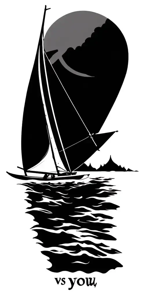 Black front silhoustalized chest: You vs you integrated as a block script windsurfer (sail + mast) sun above rich tattoo design idea