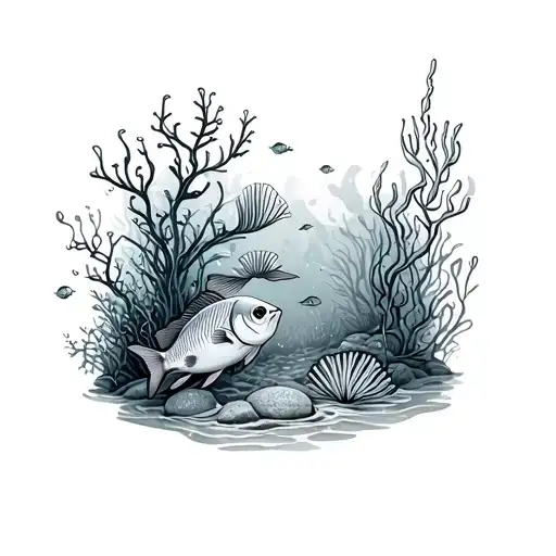 sea floor with small fish and corals and sea plants tattoo design idea