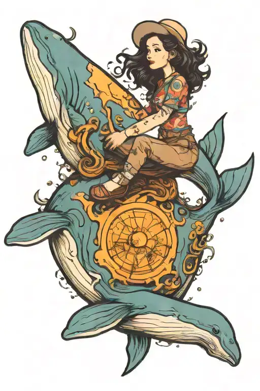 A girl is ridding whale in blackhole tattoo design idea