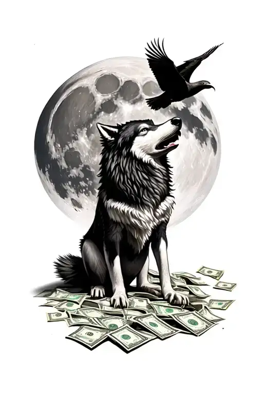 Wolf howling at the moon and there is a Eagle Flying in the sky and there's some dollar bills on the ground tattoo design idea