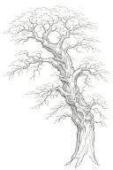 Malenia from the game ELDEN RING on the photo of a big tree in the dungeon tattoo design idea