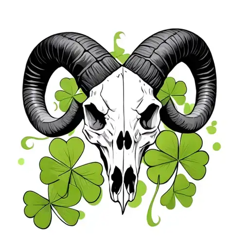 Aries ram skull four leaf clovers tattoo design idea