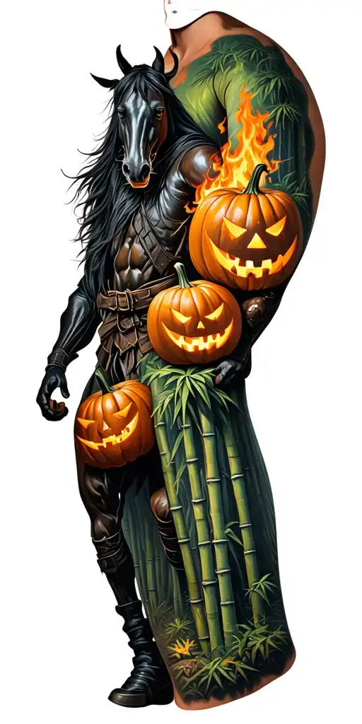 Halloween theme, headless horseman throwing burning pumpkins on one side of the arm and bamboo forest other side tattoo design idea